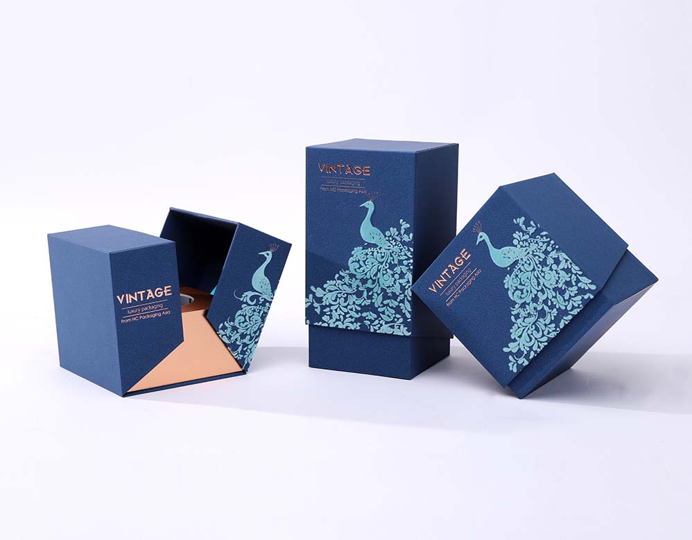 Blue patterned perfume cartons in several forms