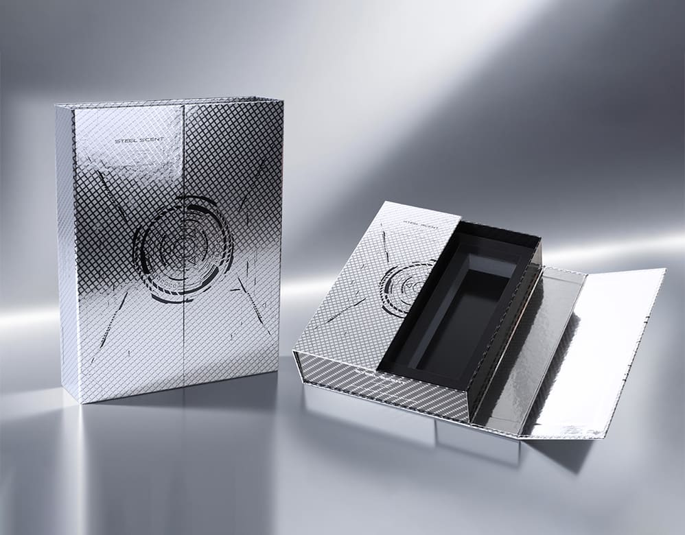 Tall silver-colored box beside an open fitted tray