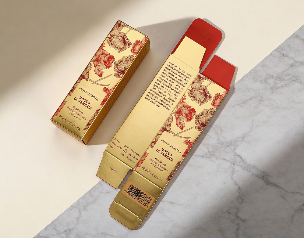 Luxury Gold Metallic Cosmetic Packaging Boxes with Floral Print – Custom Premium Beauty Cartons